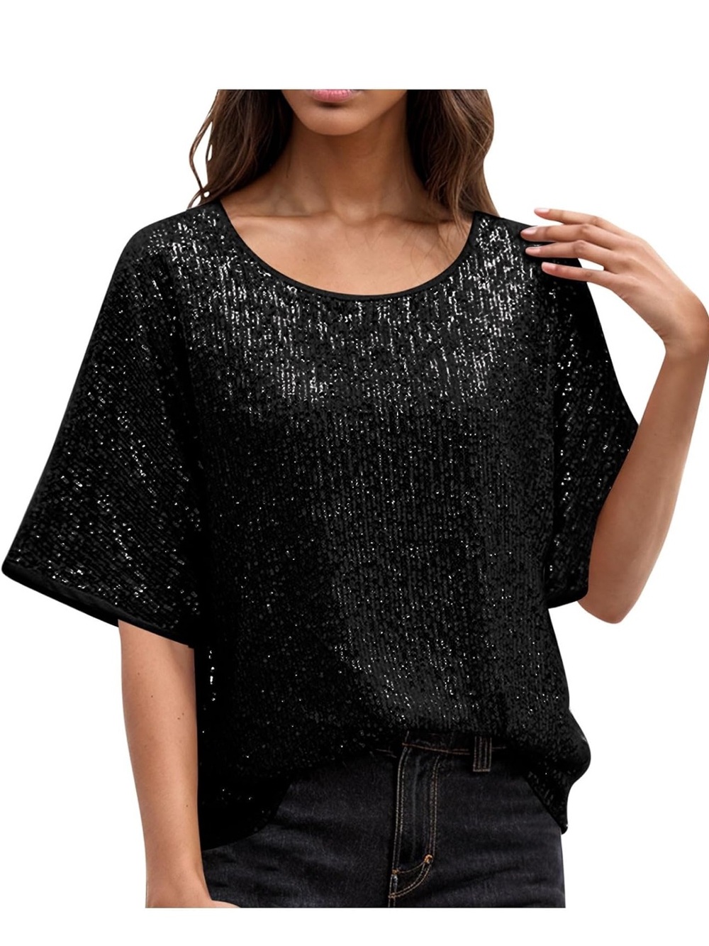 Luxurious Black Sequin Short Sleeve Party Top